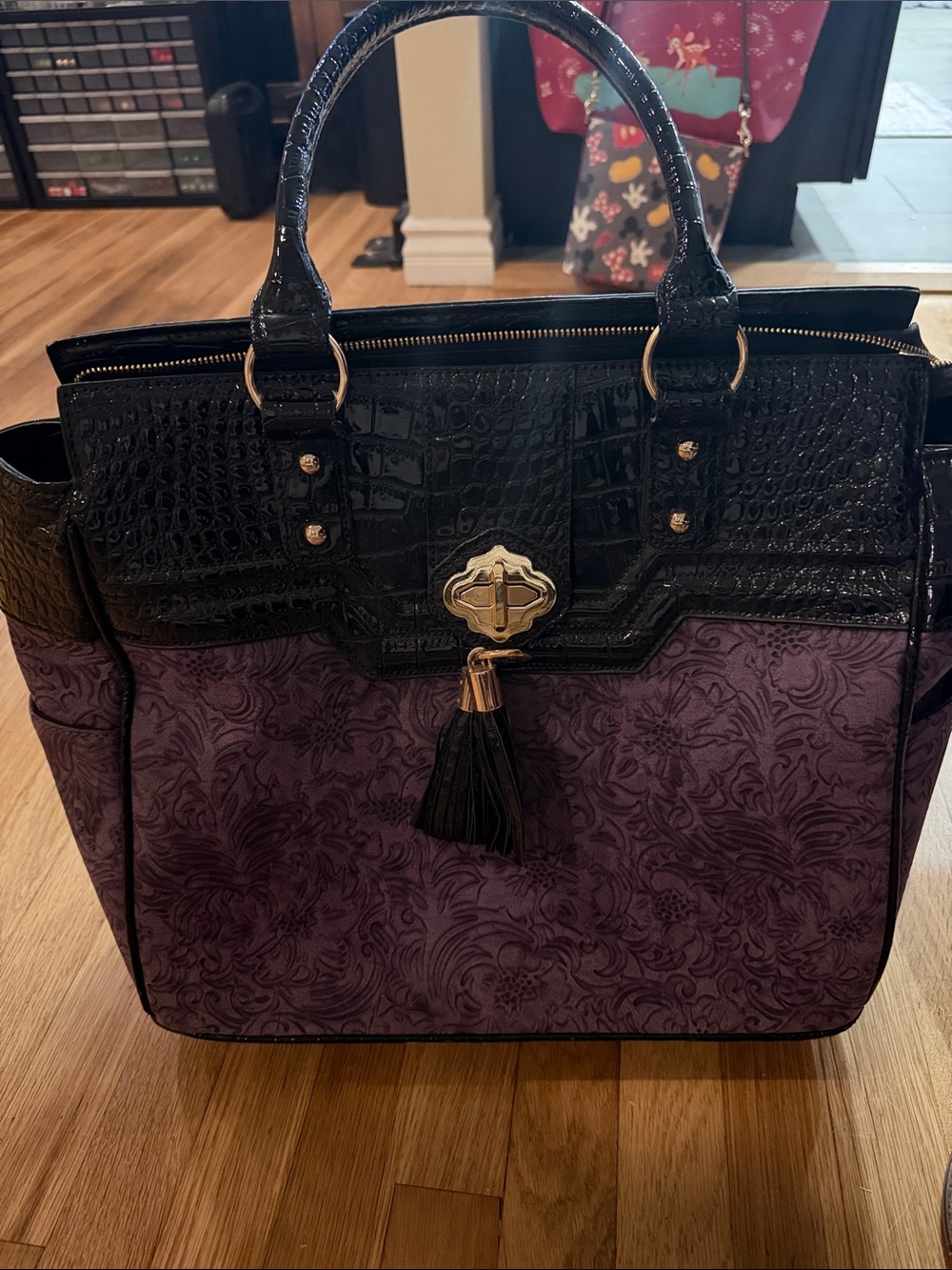 Purple Floral Tote Bag with Black Croc Trim